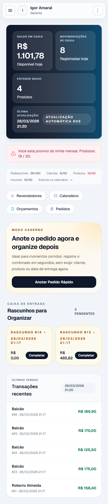 Dashboard principal do Kyojin no celular