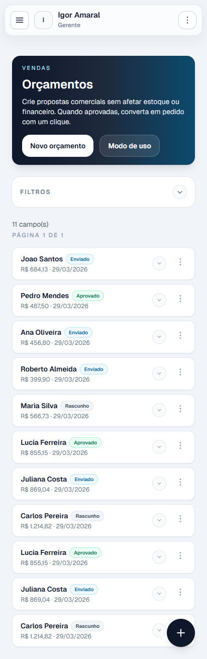 Lista de orçamentos e pedidos no celular